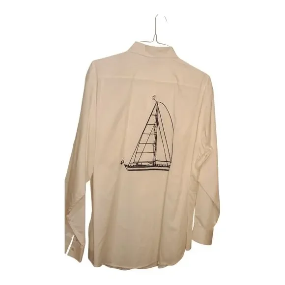 Turnbury 100% Cotton Button Up Shirt Long Sleeve White Sail Boat Size Large EUC - Picture 2 of 13